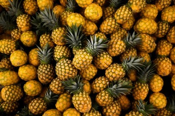 Fresh pinapples top view background. AI generated