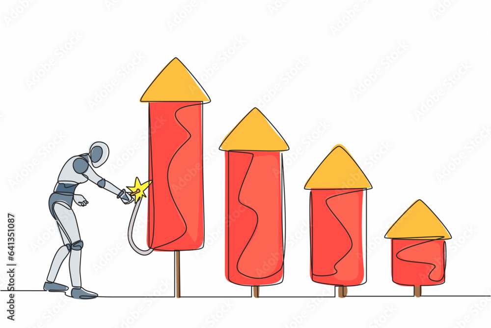 Poster single continuous line drawing robot ignite firework rocket bar graph to increase company growth. bo