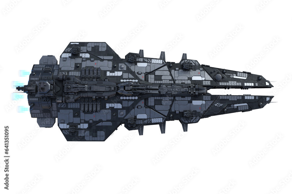 Poster top view looking down on a huge sci-fi alien mother ship space craft. 3d illustration..
