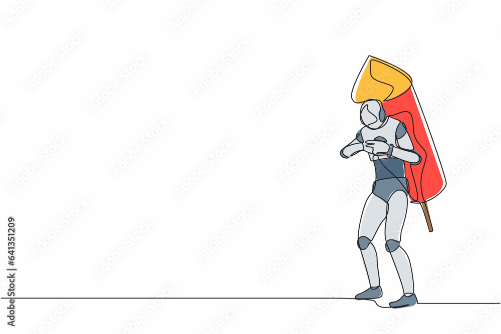 Poster continuous one line drawing robot ignites big fireworks rocket attached to his back. humanoid robot 