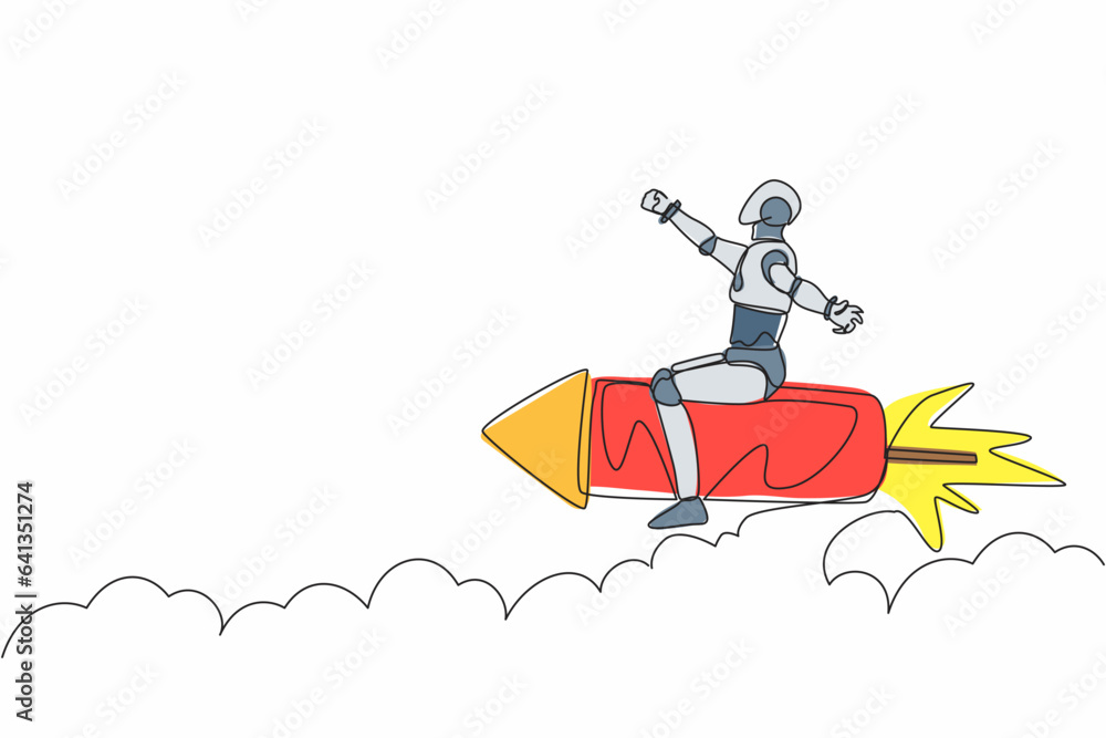 Poster single one line drawing robot flying high riding firework rocket. future technology development. art