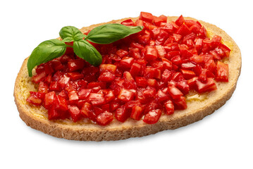Pieces of tomato and basil leaves with olive oil on large slice of bread, Italian bruschetta, isolated