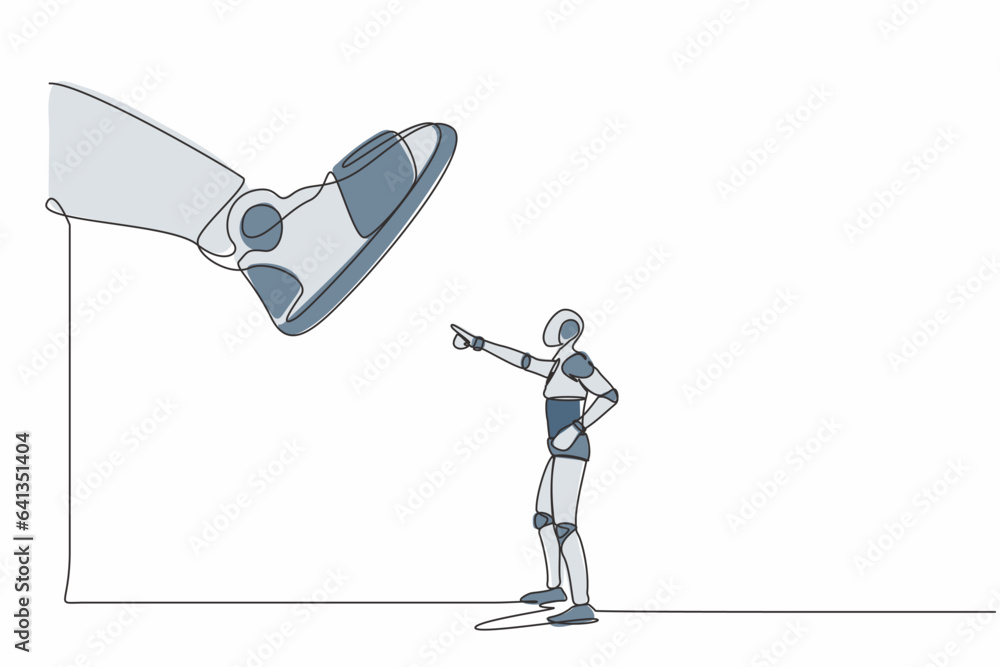Poster single continuous line drawing robot facing against giant shoes stomping. robot pointing against gia