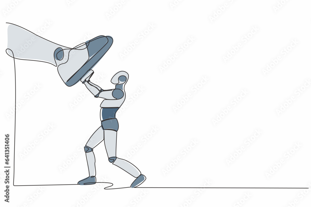 Poster single one line drawing robot against giant shoes stomping. robot push against giant foot step. futu