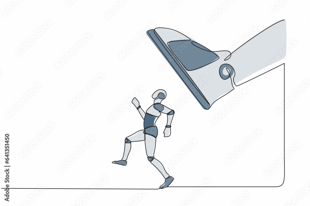 Poster single continuous line drawing robot run away from stomping foot. robot running from giant unfair bu