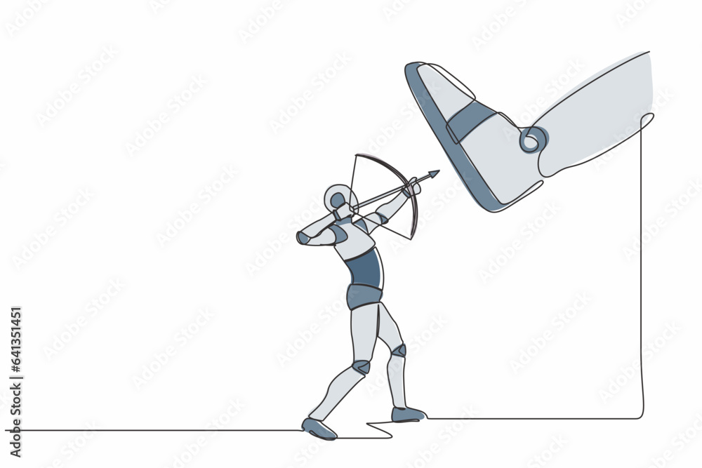 Aufkleber single continuous line drawing robot aiming bow against giant shoes stomping. robot archering agains