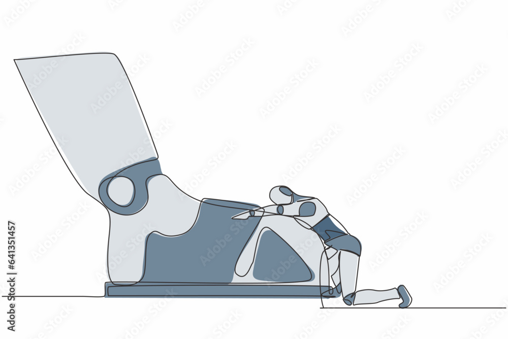 Aufkleber single one line drawing of robot kneeling a giant foot or shoe. robot apologize to boss. future tech