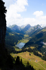 Fototapeta na wymiar Sämtisersee im Appenzeller Land in St. Gallen in der Schweiz Berge mit See und Blumen im Vordergrund