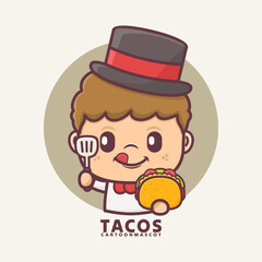 cartoon mascot with tacos. vector illustrations with outline style