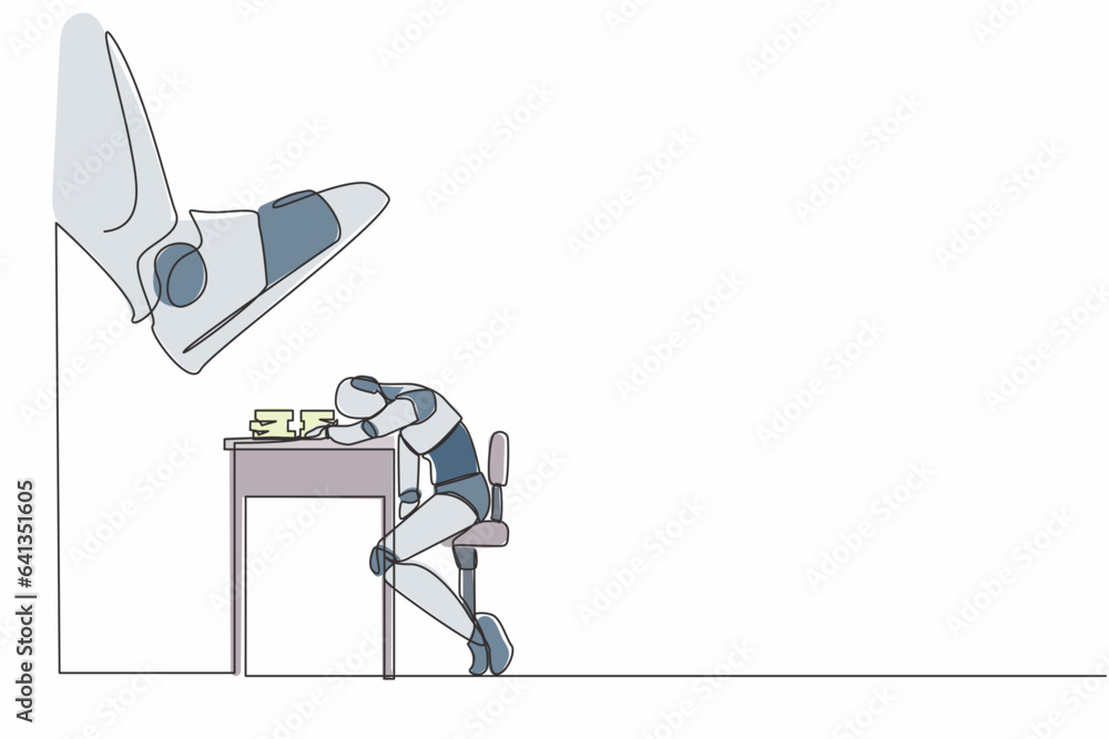 Aufkleber single continuous line drawing robot sleeping on pile of paper on desk under big foot stomp. overwor
