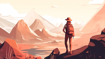 Woman with a backpack on the background of the mountains, generative AI.