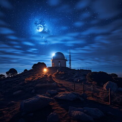 Obraz premium Blue supermoon, Night Sky with Moon and Observatory on Mountain - AI Generated