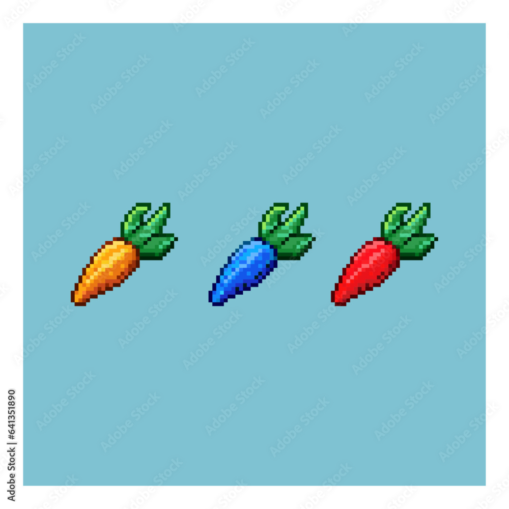 Poster pixel art sets of carrot with variation colour items asset. orange,blue,and red carrot on pixelated 
