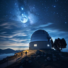 Obraz premium Blue supermoon, Night Sky with Moon and Observatory on Mountain - AI Generated