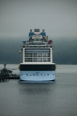 Coast bay view with modern cruiseship cruise ship liner Quantum in front of Alaska mountains on...