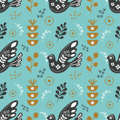 Seamless pattern with decorative folk art elements and bird. Hand drawn vector pattern scandinavian  nordic style on a blue background