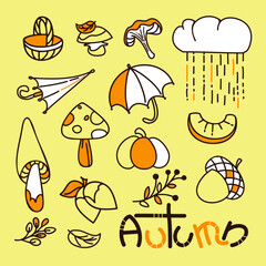Set of doodle autumn pictures. Simple mushroom, pumpkin, umbrella, rain, cloud, acorn, plant,  basket. EPS10 vector.  Hand drawing.