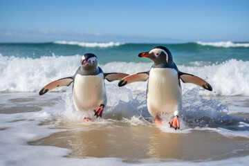Couple of penguins on the shore in the waves of the Atlantic Ocean