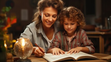 Obraz premium Cheerful family doing school assignment at home. Happy young mother sitting at desk together with her son, helping him with homework, smiling and supporting him. Children, education concept