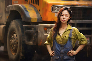 Portrait of beautiful young woman professional truck driver standing in front of big truck, woman people and transportation truck driver services concept. Generative AI.