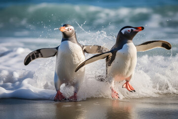Couple of penguins on the shore in the waves of the Atlantic Ocean - obrazy, fototapety, plakaty