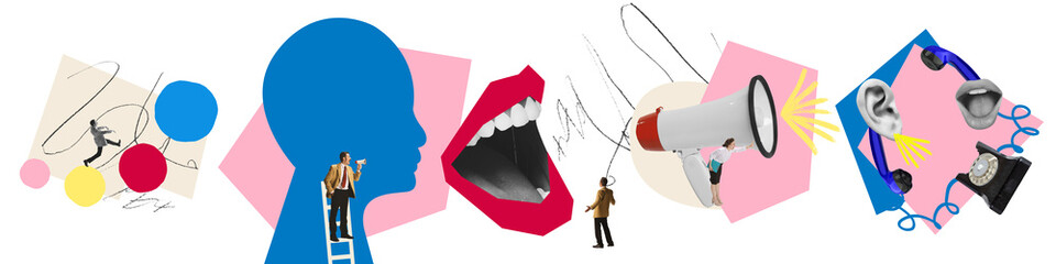 Contemporary art collage. Female mouth shouting with megaphone on background. Advertisement for business strategy.