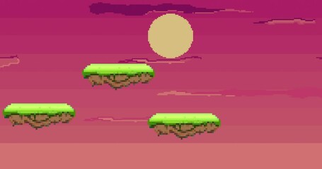 Animation of old style pixel game. Pixel art game background. Ground, grass, sky, tree, clouds and stars. Pixel art Game Design 8 bit video vector. Old school background for game. 
