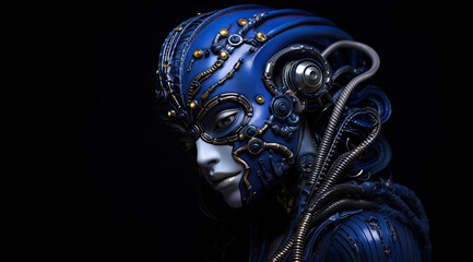 blue futuristic person, robot on black background.