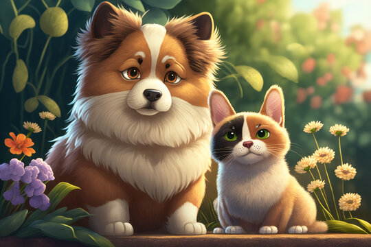 Cute cartoon dog and cat side by side