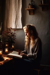 Fototapeta premium Woman reading novel book at home, cozy, relaxed, generative AI