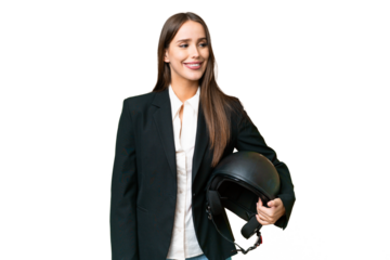 Young Asian woman with a motorcycle helmet over isolated chroma key background looking side