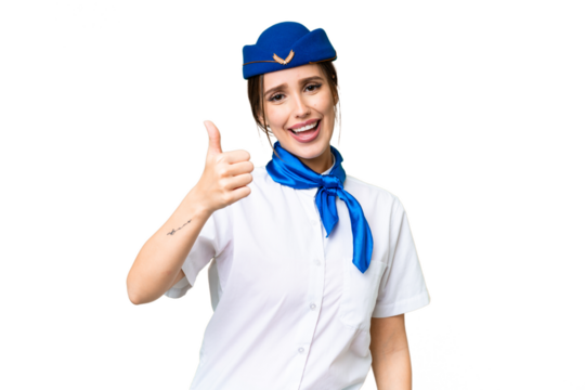 Airplane stewardess over isolated chroma key background with thumbs up because something good has happened