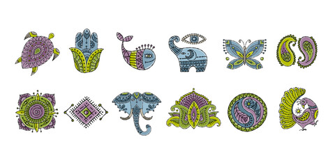 Indian vintage ornament for your design. Esoteric and animals, design elements, Icons set for your design - 641355231