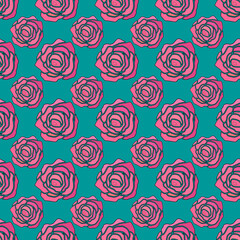 Seamless pattern with pink roses on blue background