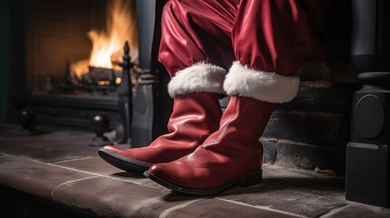close up of Santa's boots and the hem of his red suit 