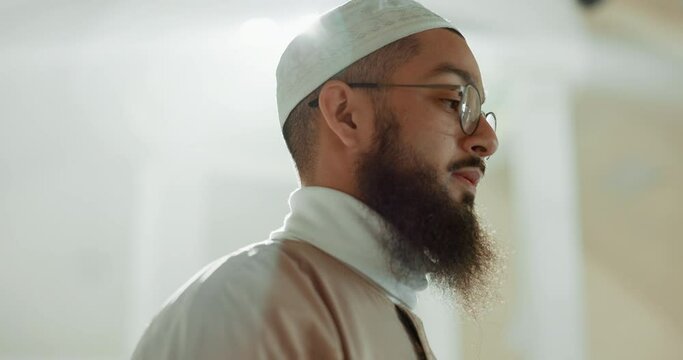 Islamic prayer, faith and man in mosque with gratitude, mindfulness and love for God or Allah. Worship, religion and Muslim imam praying for hope in holy temple praise, spiritual teaching and peace.