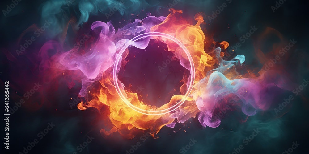 Wall mural ai generated. ai generative. round circle neon glowing color smoke mystic element. can be used for d