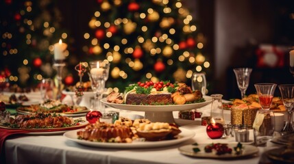 Naklejka na ściany i meble Festive table with numerous dishes on the background of the Christmas tree