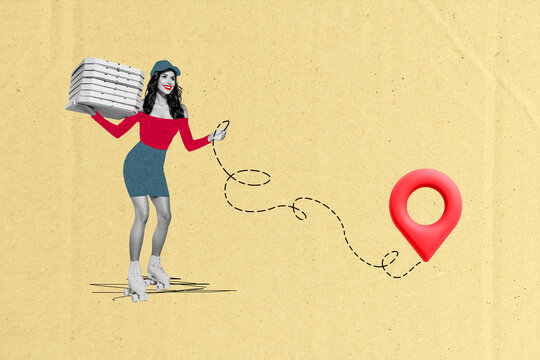 Sketch composite abstract photo collage of happy pleasant girl courier deliver pizza in time isolated on creative colorful background