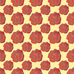 Seamless pattern with pink roses on yellow background