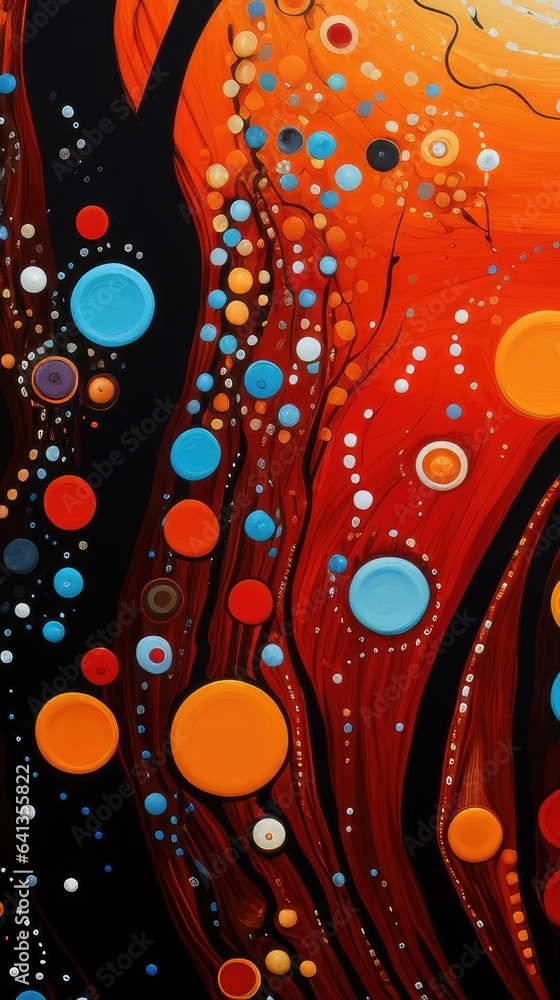 Poster a painting of a tree with circles on it. digital image.