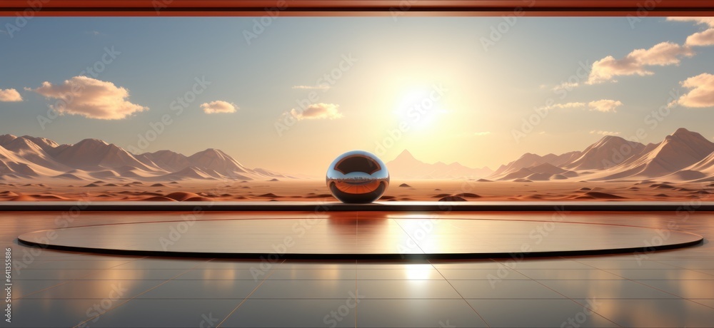 Poster a sphere sitting on top of a floor in front of a mountain. digital image.