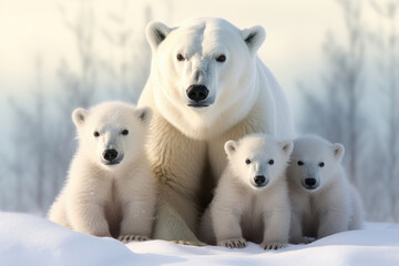 Naklejka na ściany i meble Polar bear with her cubs on a snowy background