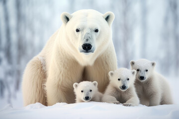 Polar bear with her cubs on a snowy background