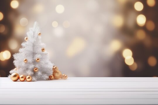 A white wooden empty table with a decorated Christmas tree on the side and a blurred Christmas background