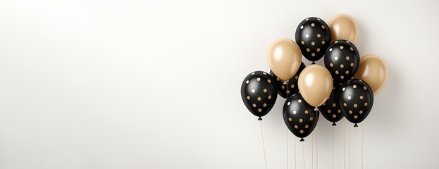 Bunch of balck and orange balloons with polka dots on a white background ,with copy space.birthady ,graduation,anniversary or celebration concept.
