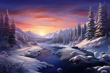 Winter landscape with snow, fir trees, river
