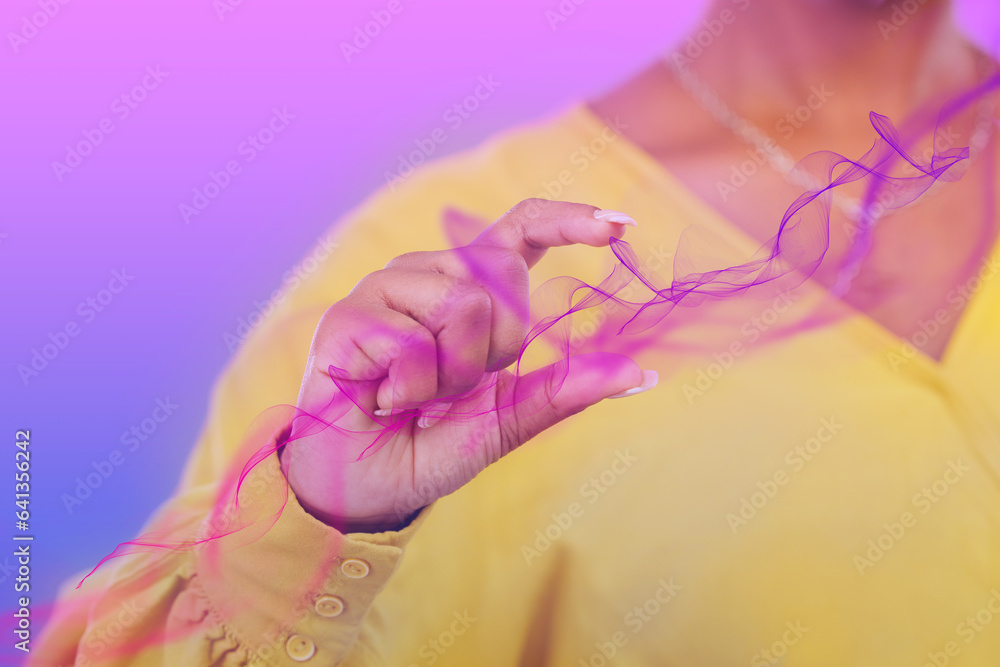 Poster Hand, vaporwave and 3D with a user closeup on a purple background in studio to access the metaverse. AI, future and overlay with a person touching neon smoke on a holographic dashboard for innovation