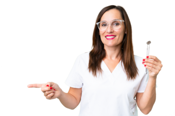 Dentist caucasian woman over isolated chroma key background pointing finger to the side