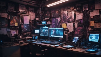 Naklejka premium cool decoration photos with lots of posters and cool use of room lights made by AI generative